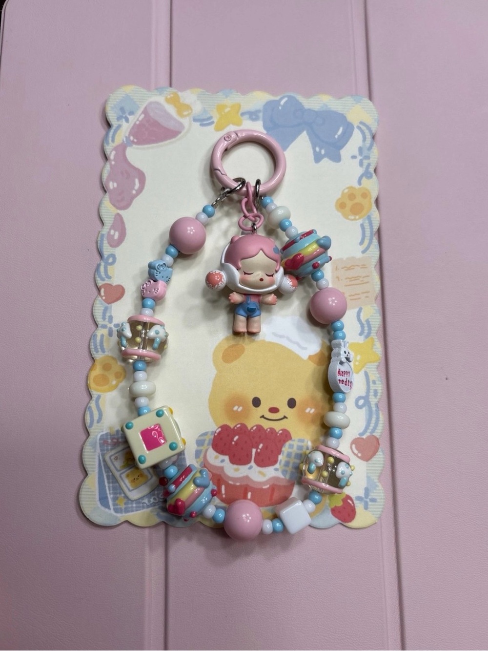 Pink Beaded Doll Charm Keychain - Cute Pastel Accessory